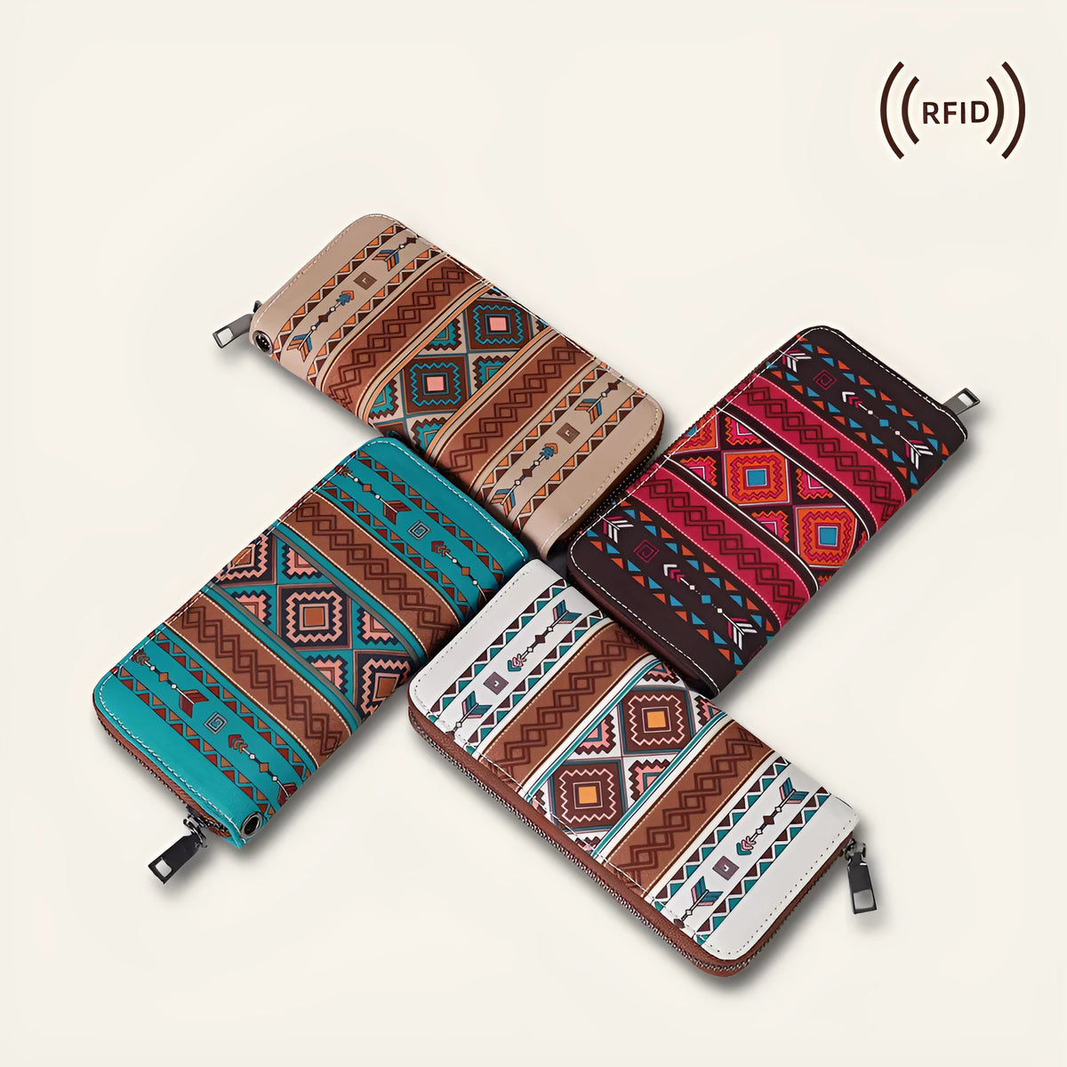Bohemian striped canvas RFID wallet in multiple colours showing compact size and anti-theft feature.