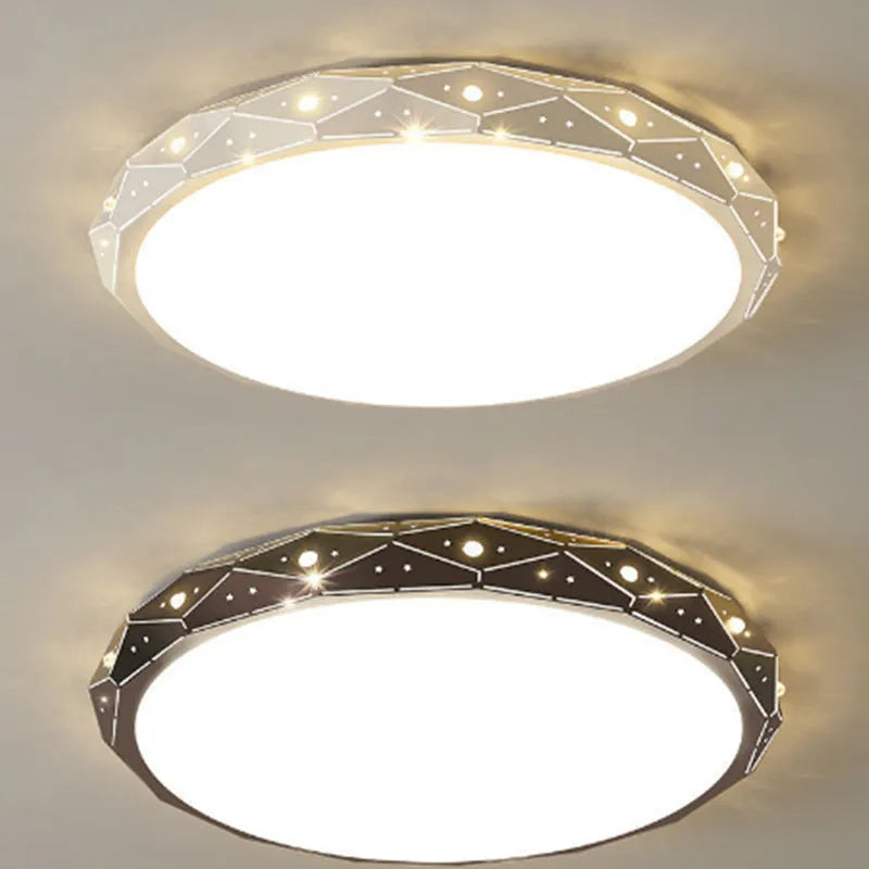 Round modern LED ceiling light with an iron frame in black or white, shown in a room setting.