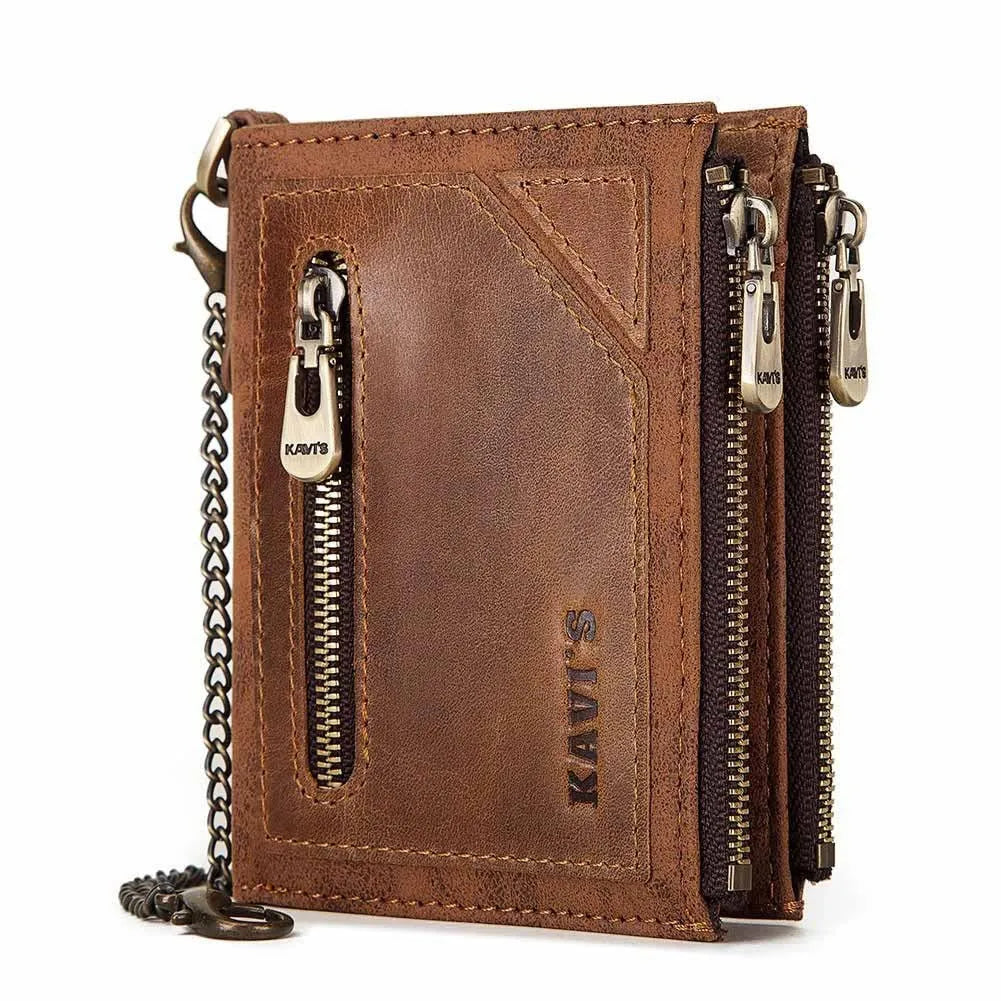 Dark brown genuine leather men's wallet with RFID protection and chain attachment