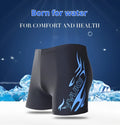 Men's plus size boxer swimming trunks with blue flame pattern on black background