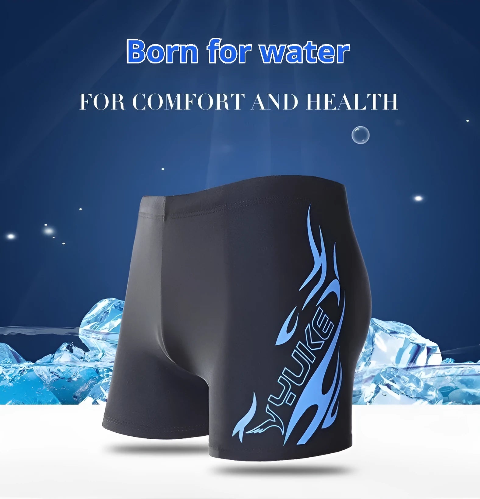Men's plus size boxer swimming trunks with blue flame pattern on black background
