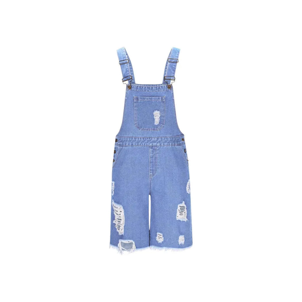 Men's ripped denim suspender shorts in straight-leg cut, available in three colour options