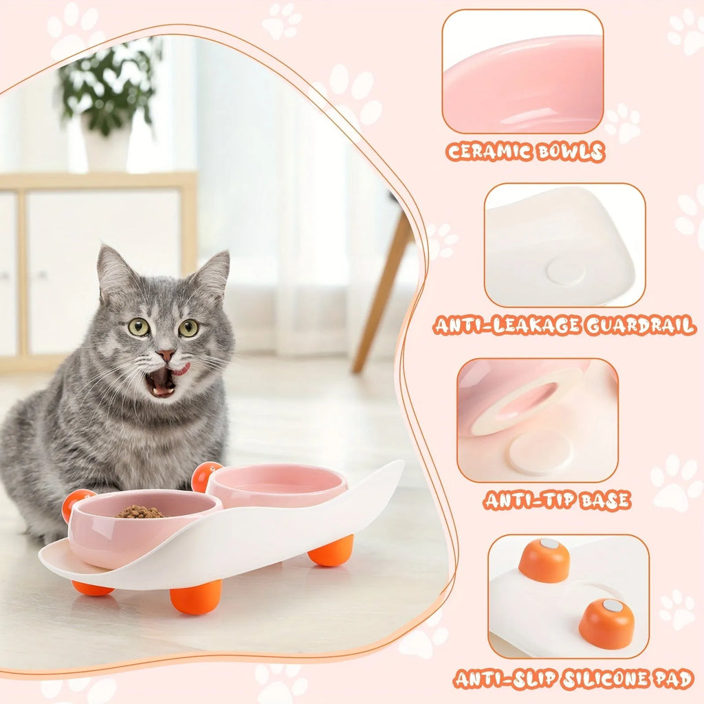 Two ceramic pet bowls on raised non-slip bases, in pink and yellow colours.