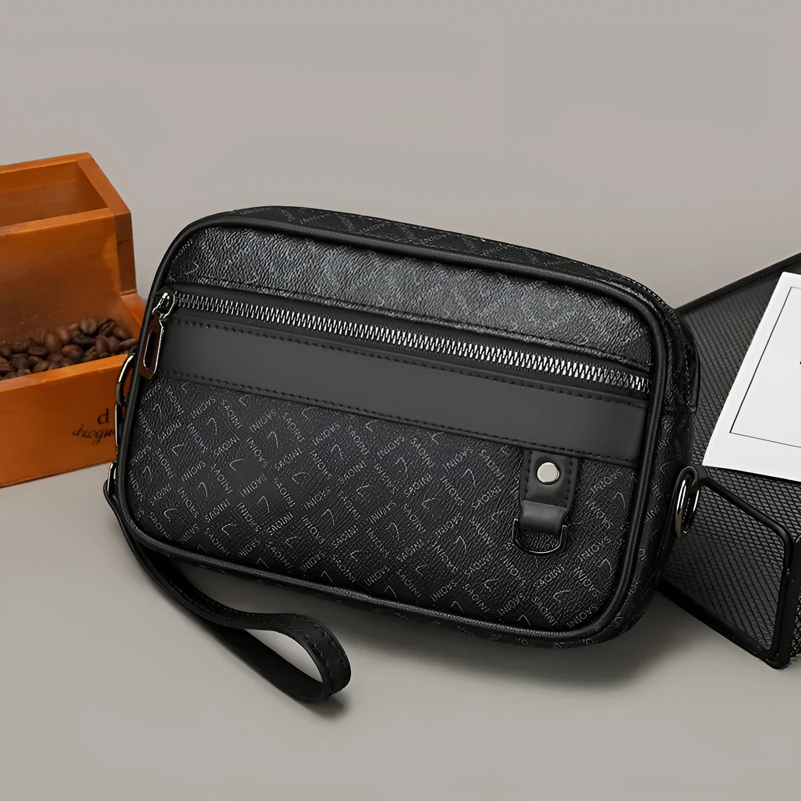 Men's black geometric pattern PU leather messenger bag with horizontal design and large capacity