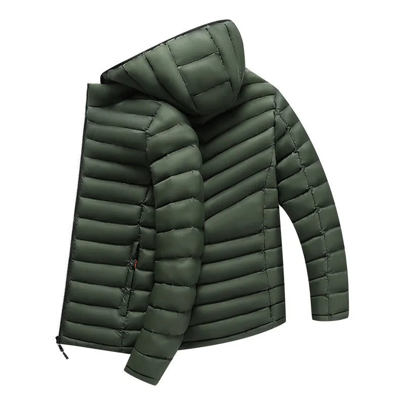 Man wearing a lightweight Army Green down jacket with a detachable hood and zippered pockets.