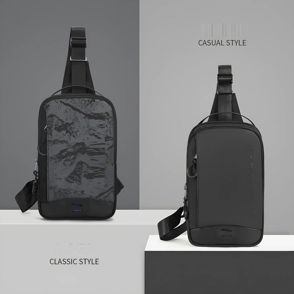 Casual black TPU chest bag with single shoulder strap and soft handle.