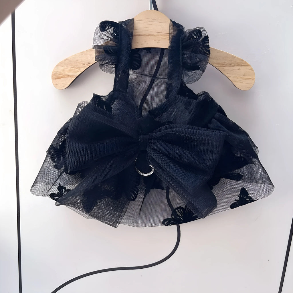 Black princess tulle skirt pet clothing for small dogs and cats showing five size options