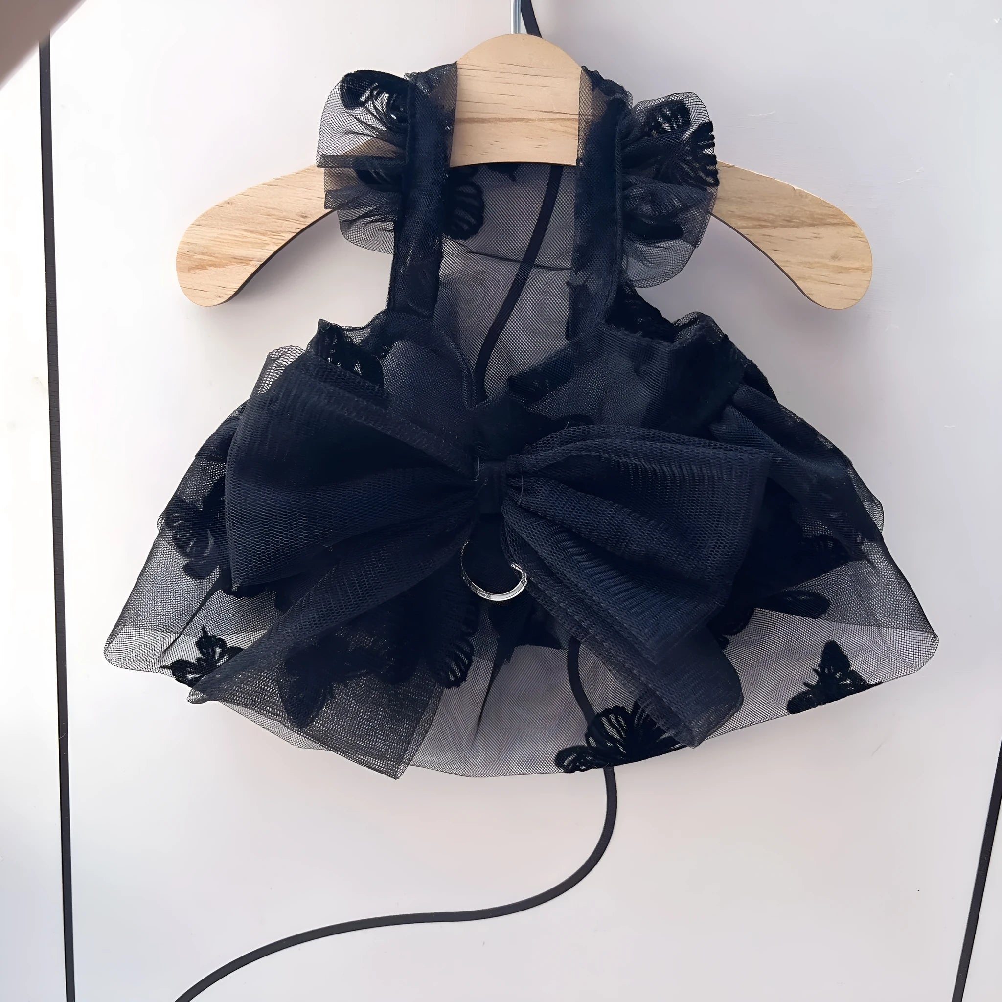 Black princess tulle skirt pet clothing for small dogs and cats showing five size options