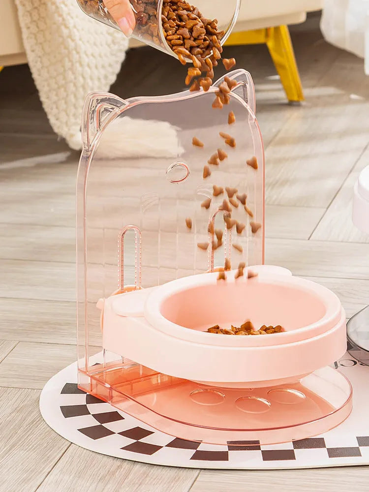 Grey cat feeding bowl with cat ears design and neck protection collar on removable hanging cage