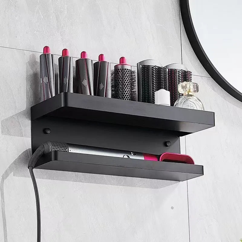White aluminium double-layer bathroom storage rack mounted on wall holding hair styling tools