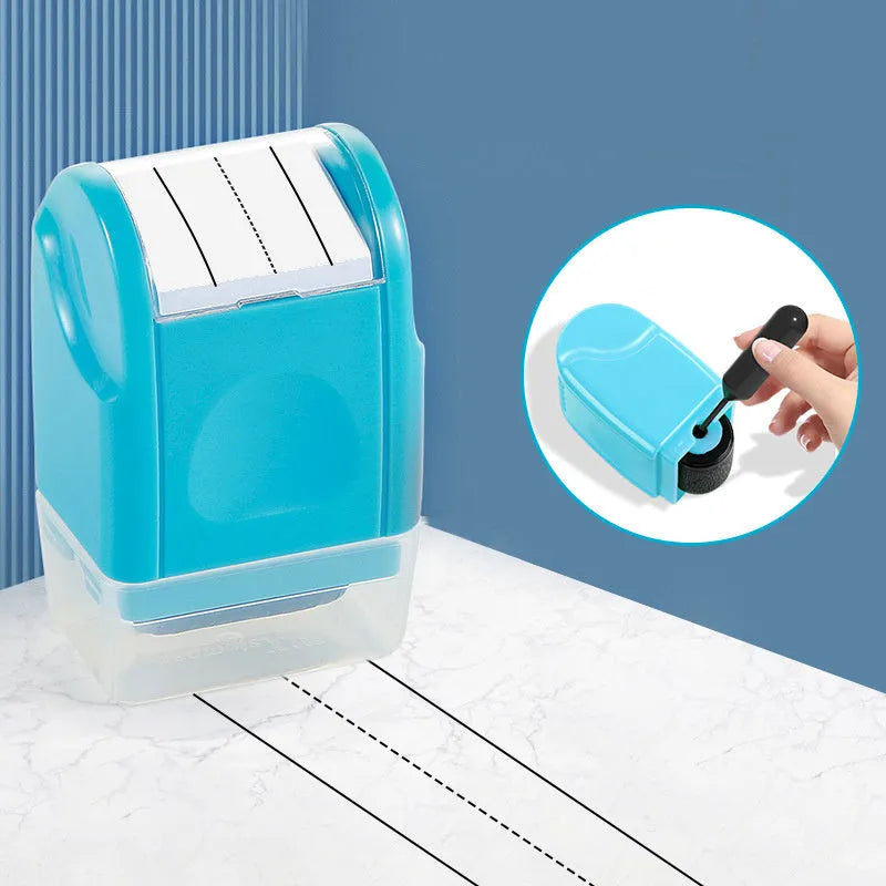 Simplified Roller English Line Seal plastic stamp in multiple colours on a surface.