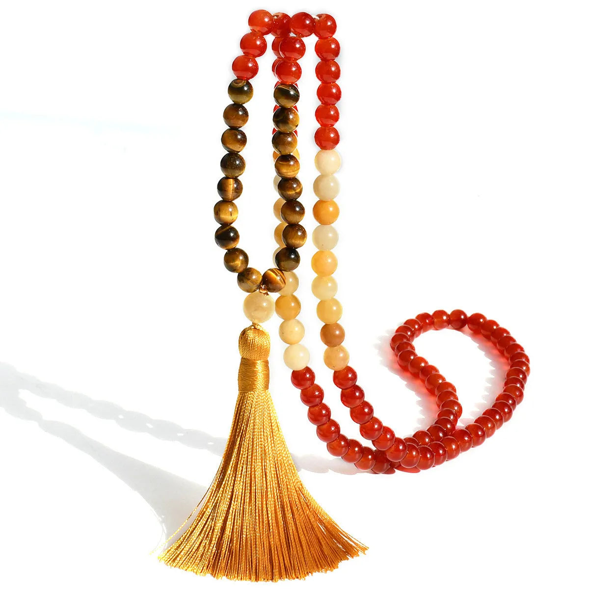 Handmade long beaded necklace with gemstone pendant and tassel, showing 81cm+ length.