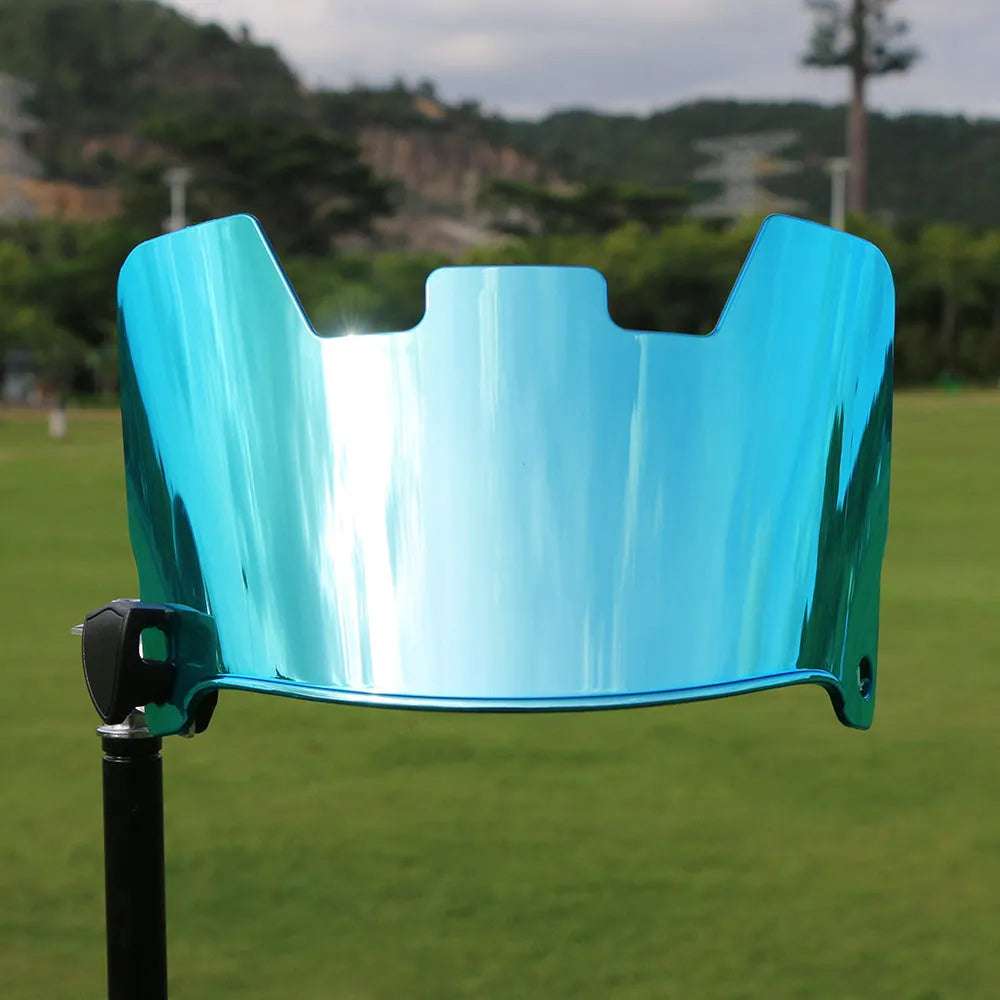 American style rugby helmet goggles in a multicolour option, showing attachment to a rugby helmet.