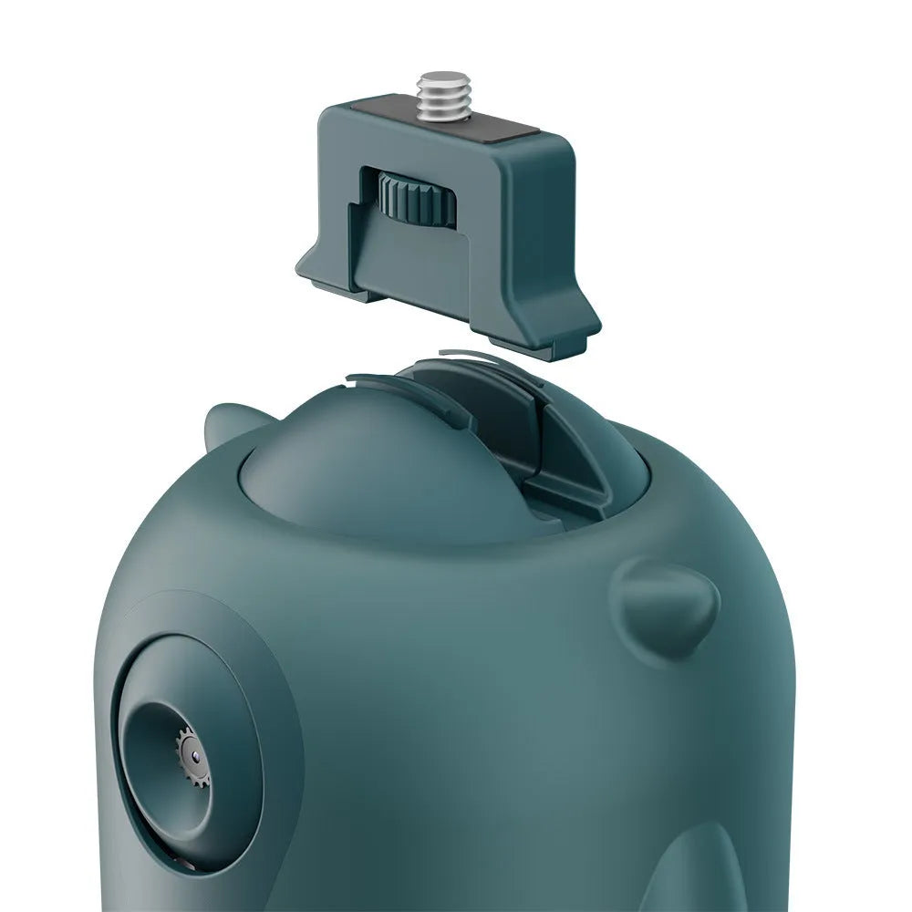 Dark green intelligent follow-up gimbal showing 360 rotation and phone mounting slot