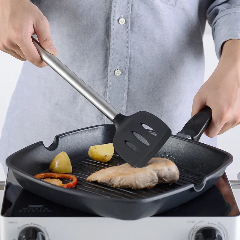 Black silicone kitchen utensil set with stainless steel handles comprising 16 pieces for cooking and baking