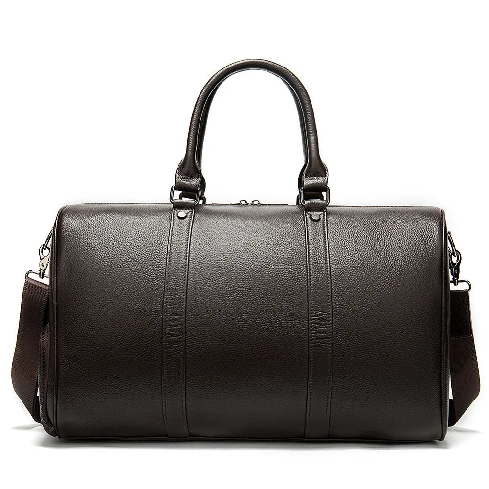 Men's black leather tote bag with single adjustable strap showing interior capacity