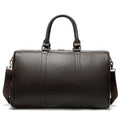 Men's black leather tote bag with single adjustable strap showing interior capacity