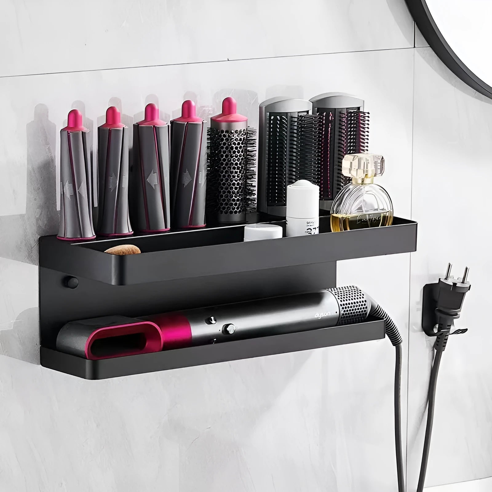 White aluminium double-layer bathroom storage rack mounted on wall holding hair styling tools