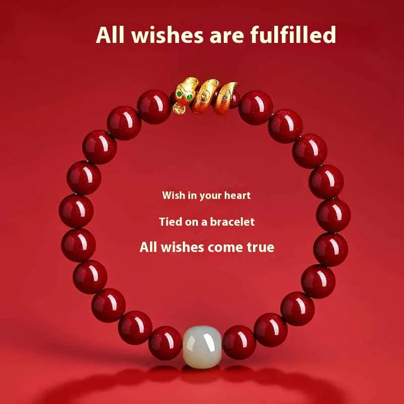 Handmade cinnabar Chinese zodiac snake bracelet with traditional bead design