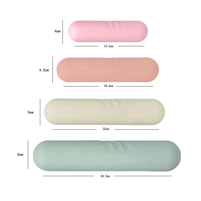 A hand-drawn silicone-edged dumbbell stick in one of six colours, shown as a single piece of fitness equipment.
