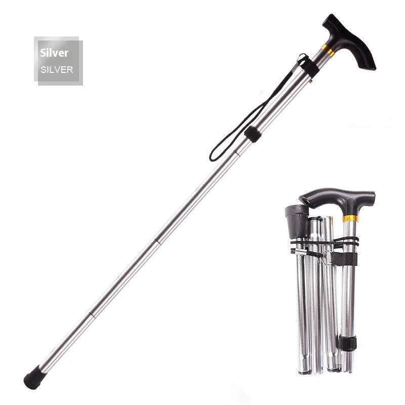 Adjustable aluminium folding walking cane with non-slip rubber tip in silver colour