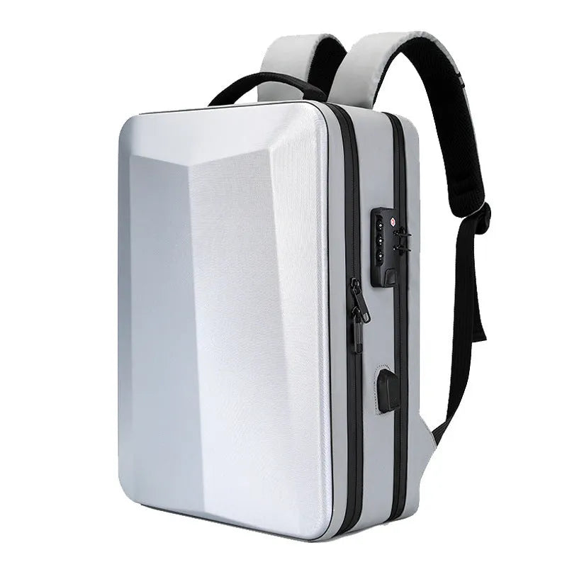 Waterproof black business backpack with curved shoulder straps and laptop compartment