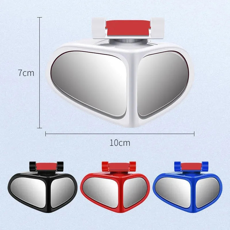 Black adjustable wide-angle car auxiliary mirror showing 360-degree rotation mechanism.
