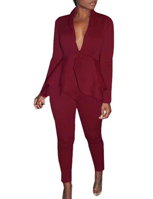 Women's ruffled top and pencil pants business uniform set in various colours