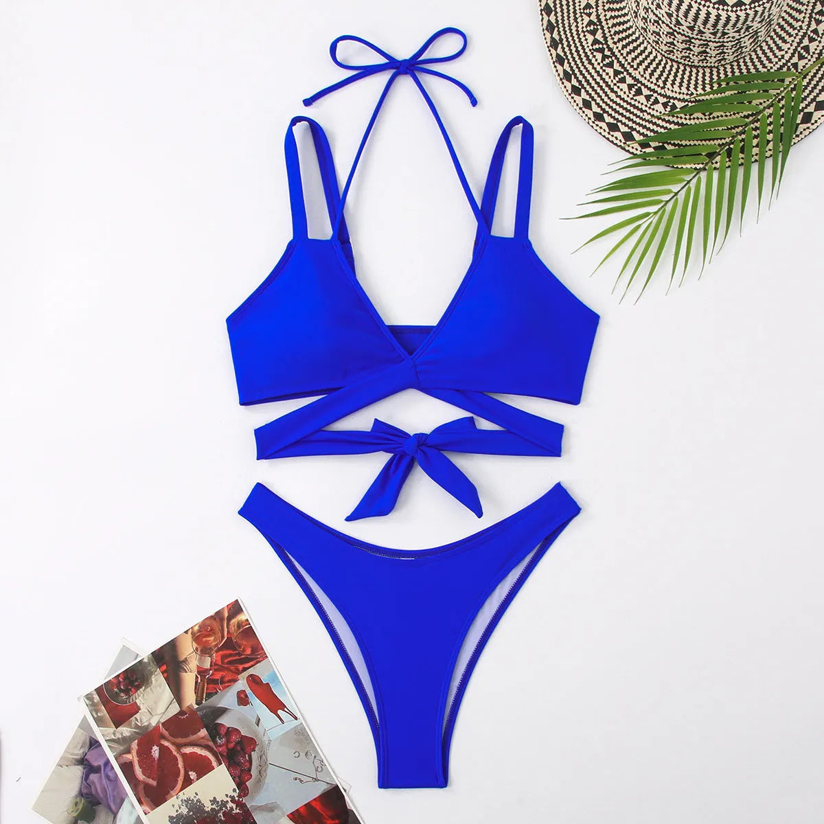 Solid colour strap bikini swimsuit in black red blue rose red or white