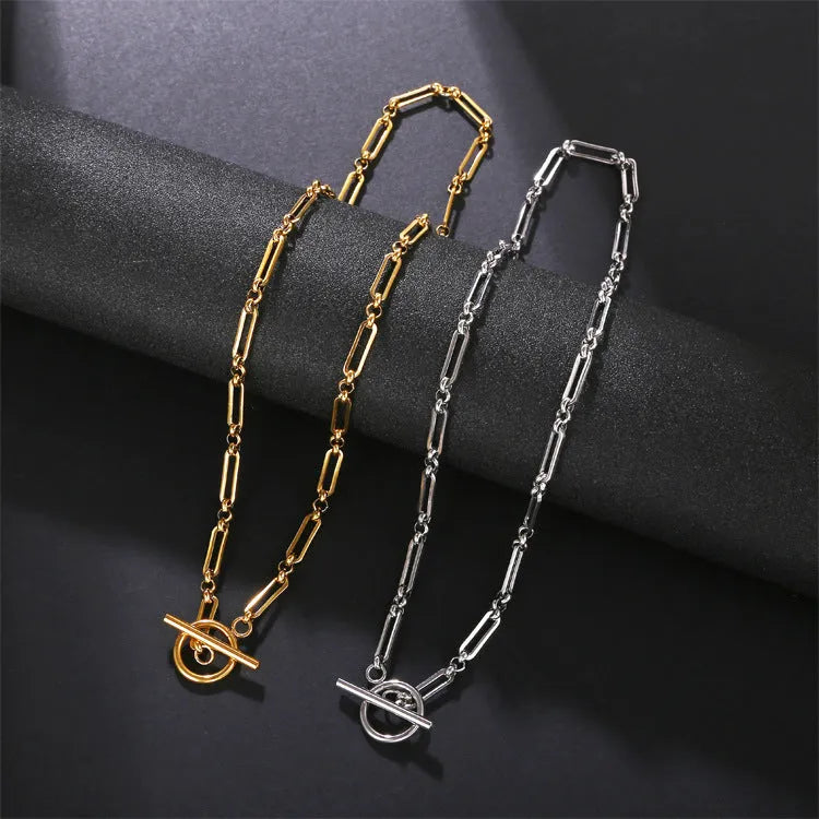 Stainless steel Chopin chain necklace and bracelet set with electroplated gold or silver finish, unisex simple design