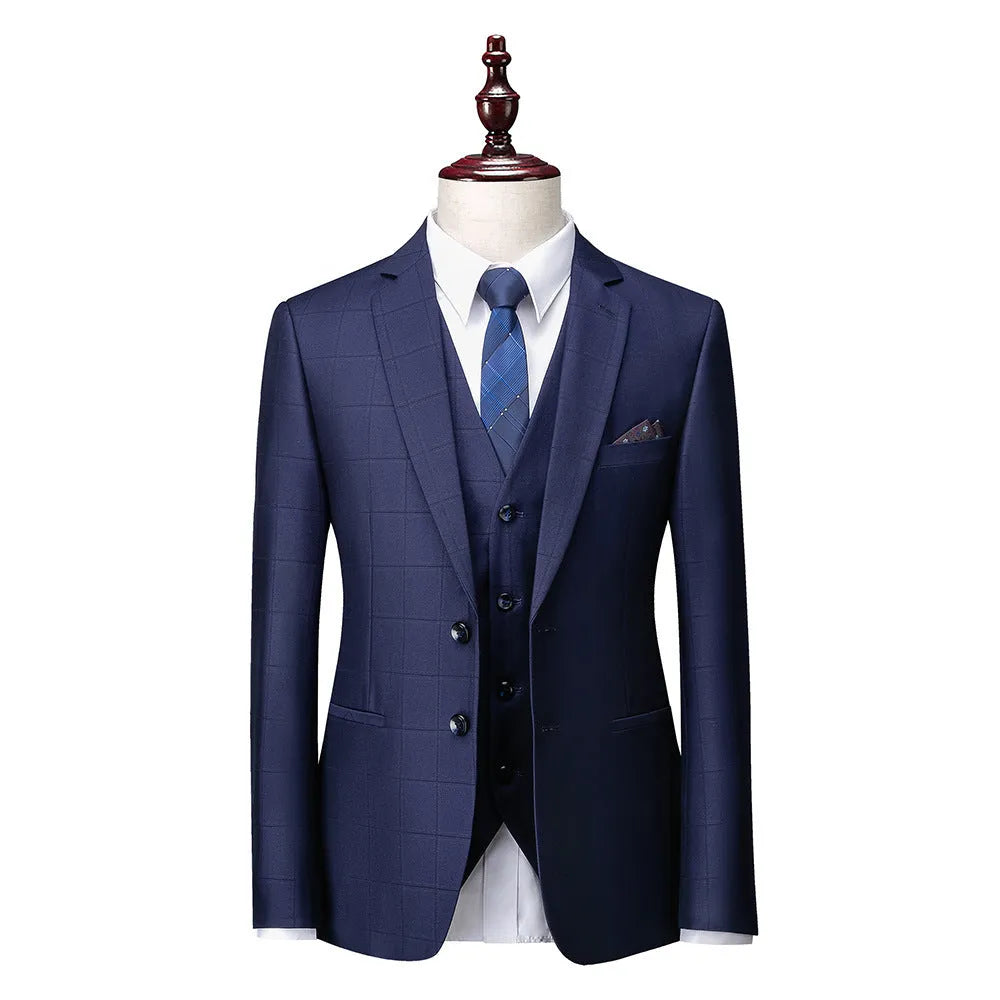 Men's navy blue three-piece business casual suit with slim fit plaid design showing jacket, vest and trousers
