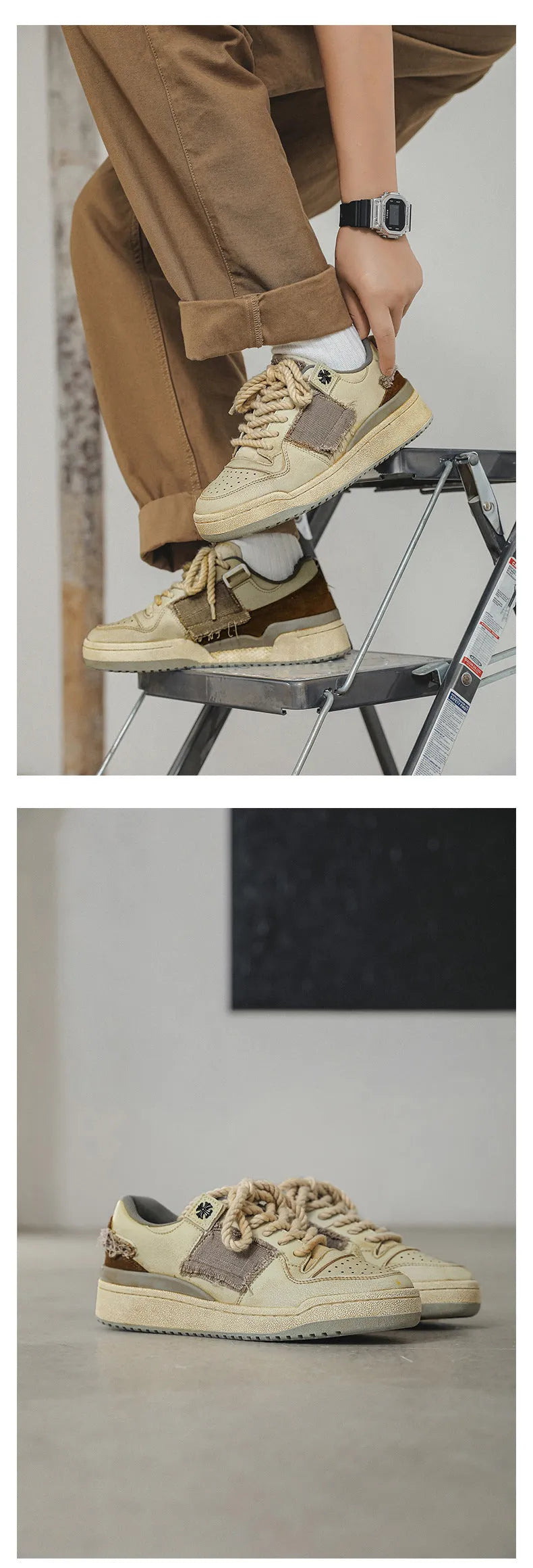 Beige low-top skateboard shoes with microfiber upper and rubber soles on white background