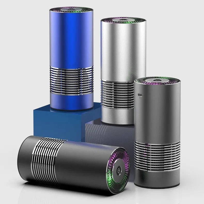 Compact car indoor wireless air purifier in aluminium alloy and ABS construction with negative ion generator
