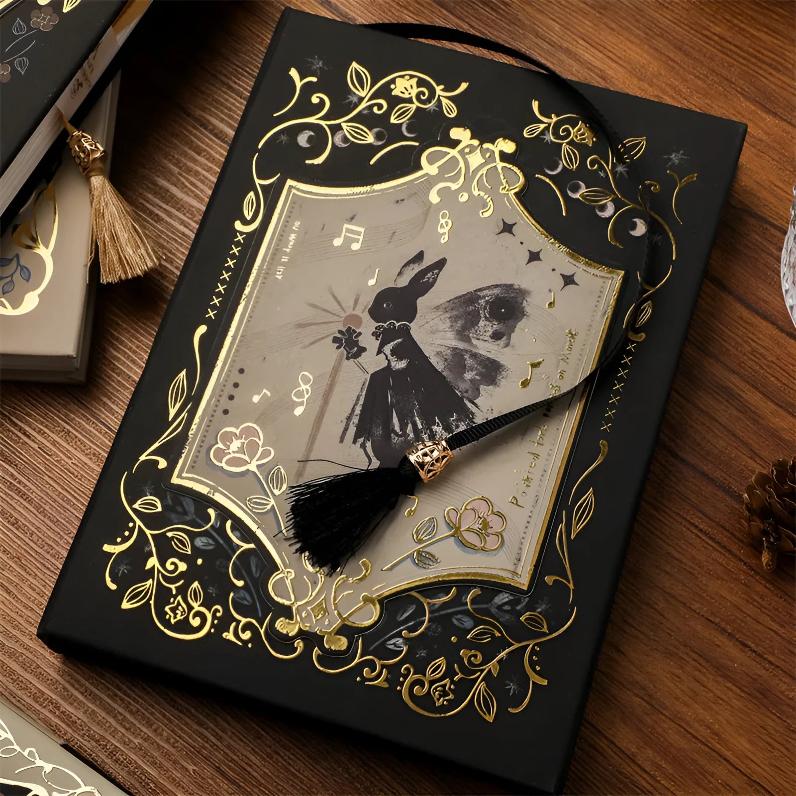 THALO A5 retro art notebook with gothic style cover, open on wood pulp paper.