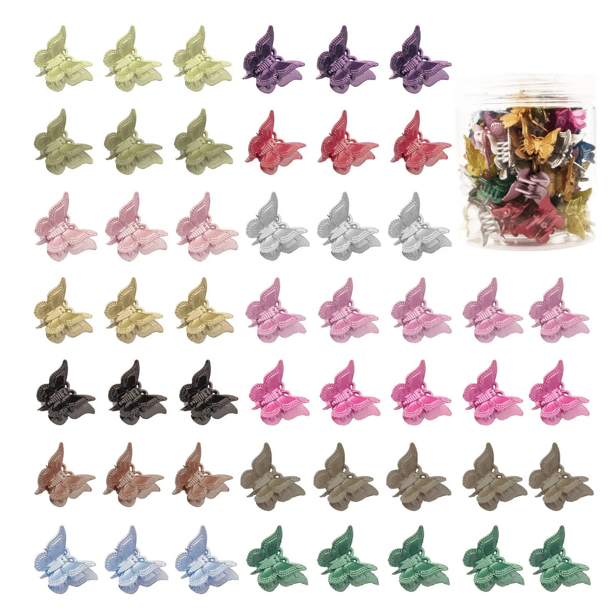 Set of 50 small glitter butterfly hair claw clips in assorted colours on a white background.