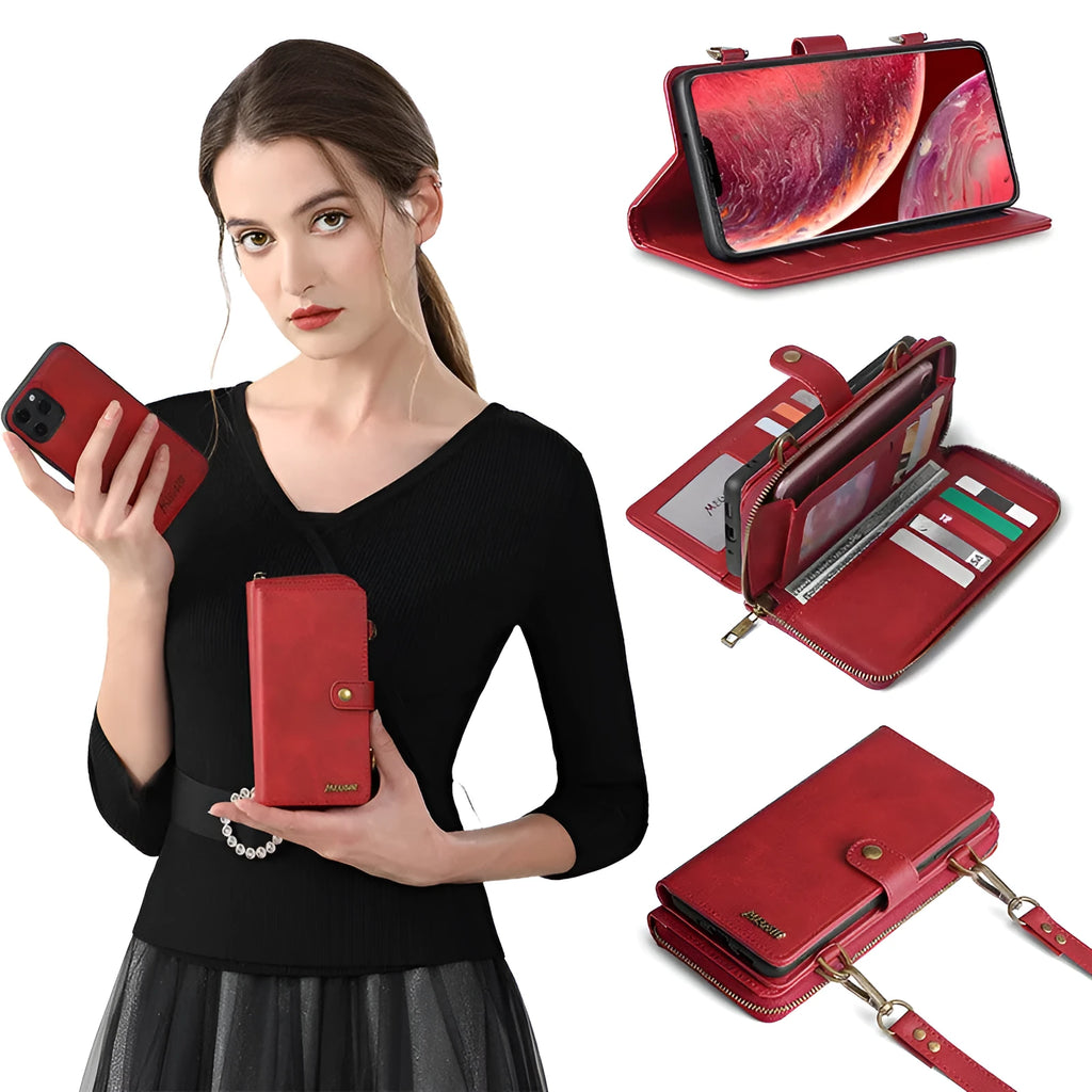 Black leather flip wallet phone case with detachable backpack strap showing magnetic closure