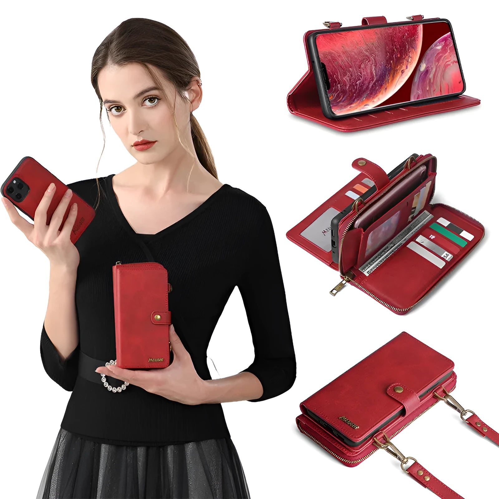 Black leather flip wallet phone case with detachable backpack strap showing magnetic closure