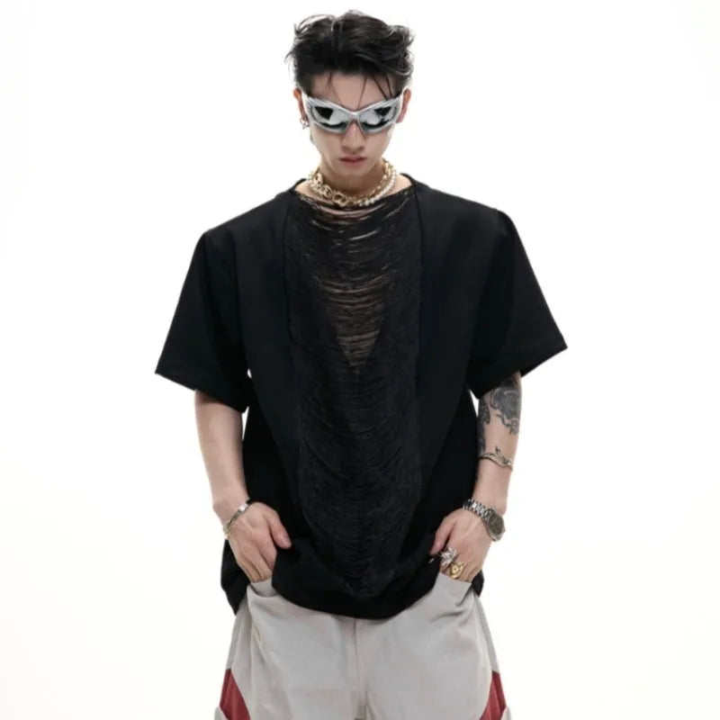 Loose black polyester men's t-shirt with 3D cut tassel details and hollow out design