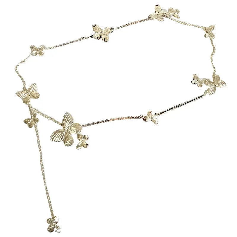 Butterfly waist chain in gold or silver alloy, 104cm length with single circle design