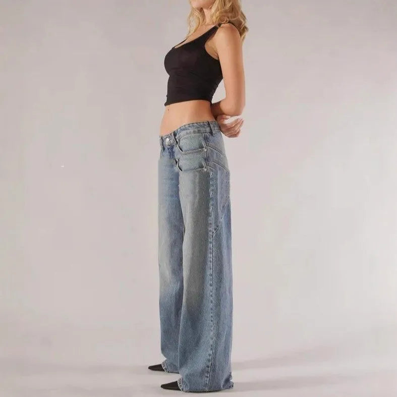 Women's cotton wide-leg mop trousers with contrast stitching in blue colour option