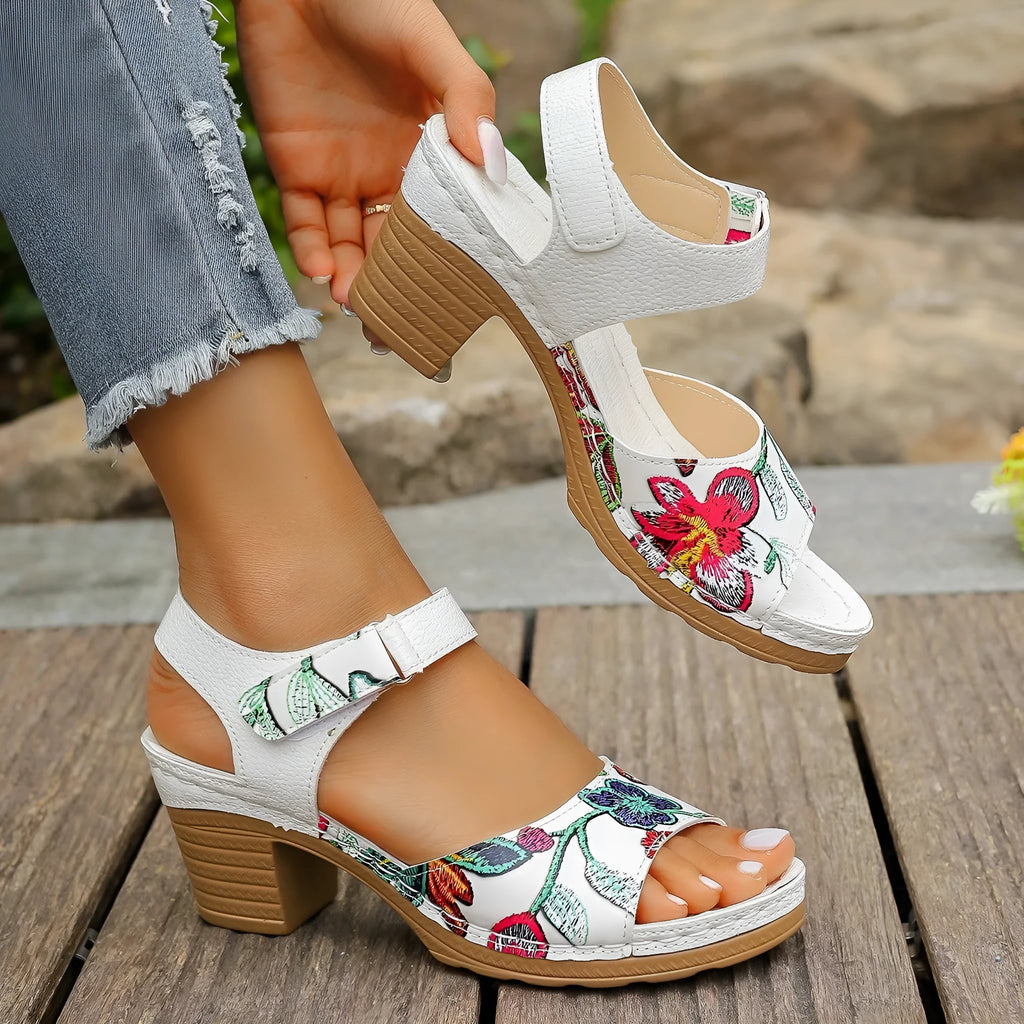 White women's casual high heel sandals with Velcro buckle closure and rubber sole