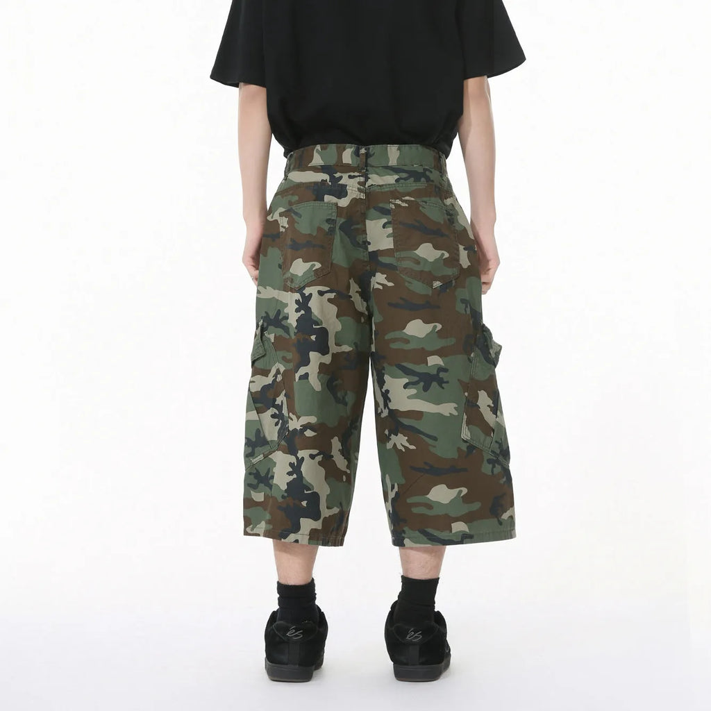 Men's camouflage cotton trousers with wide leg loose fit and American side stitching