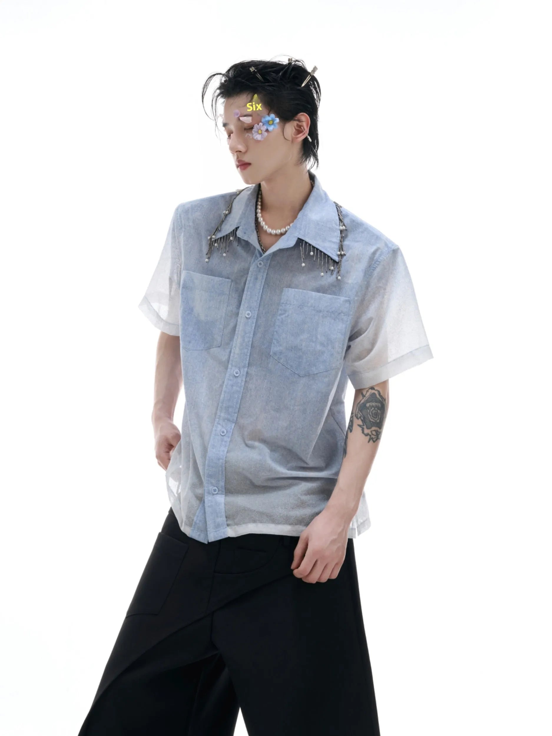 Blue and white gradient short sleeve shirt with loose fit design