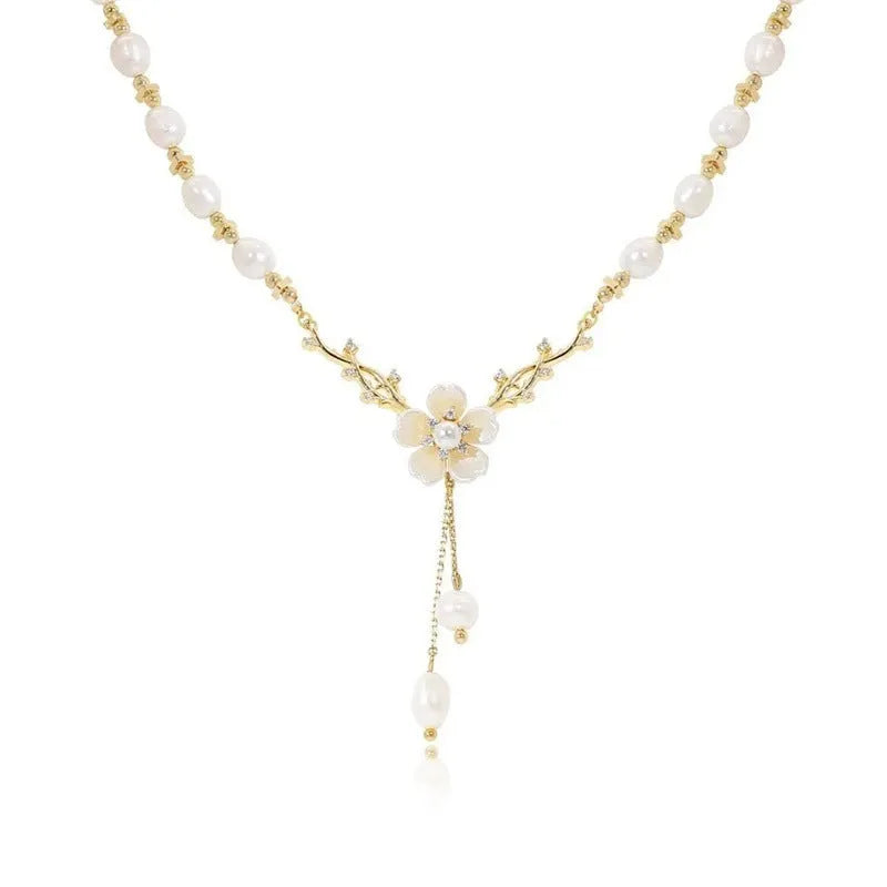 Alloy necklace with pearl chain and floral rose pendant in pearl flower colour.
