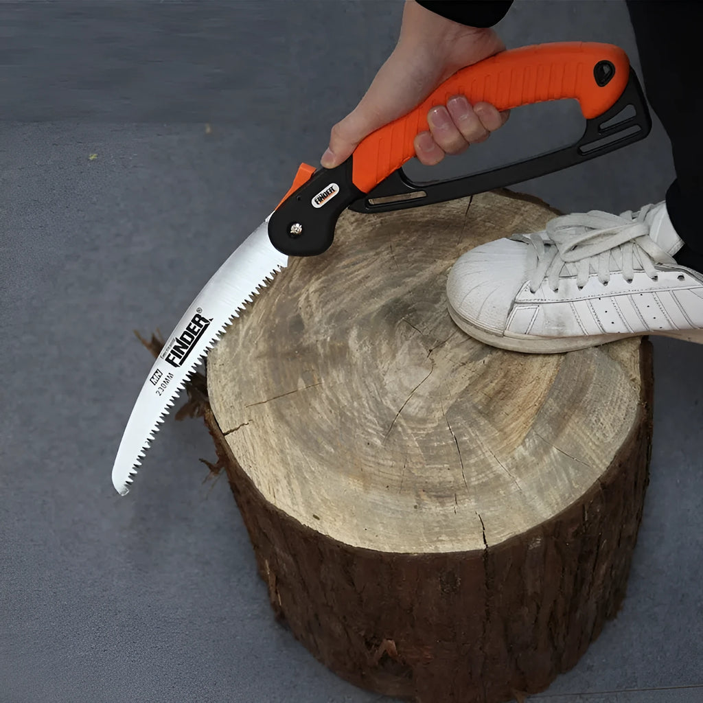 Garden folding hand saw with 9 inch blade, TPR handle, shown in open cutting position