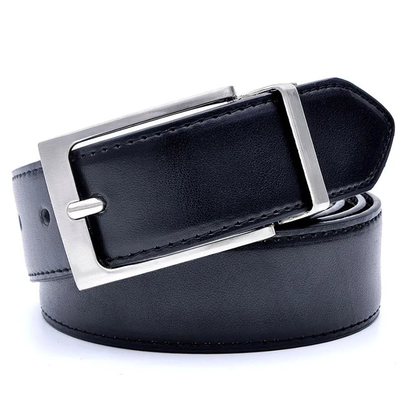 Men's brown and black genuine leather belt with rotating alloy pin buckle showing length adjustment