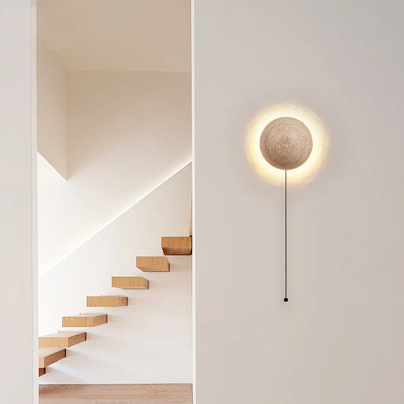 Semicircle yellow cave stone wall lamp with iron frame and pull switch