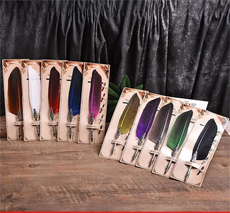 Retro feather dip pen with zinc alloy shell in various colour options for calligraphy and gifting