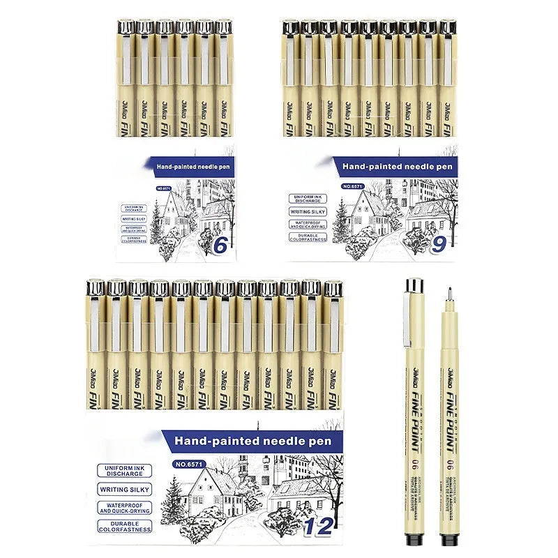Black ink needle drawing pen with hook line art cartoon design on plastic body.