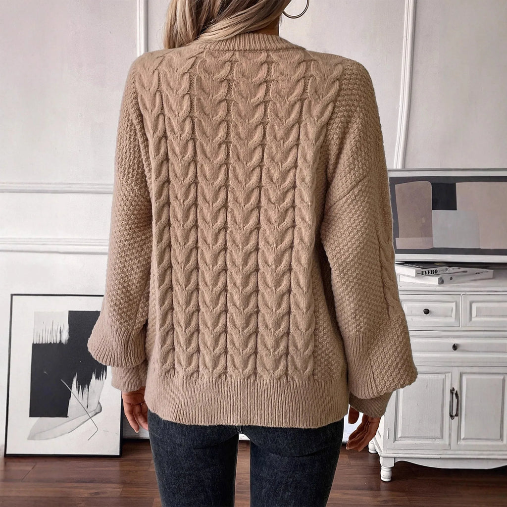 Women's beige round neck casual polyester sweater with loose fit on hanger